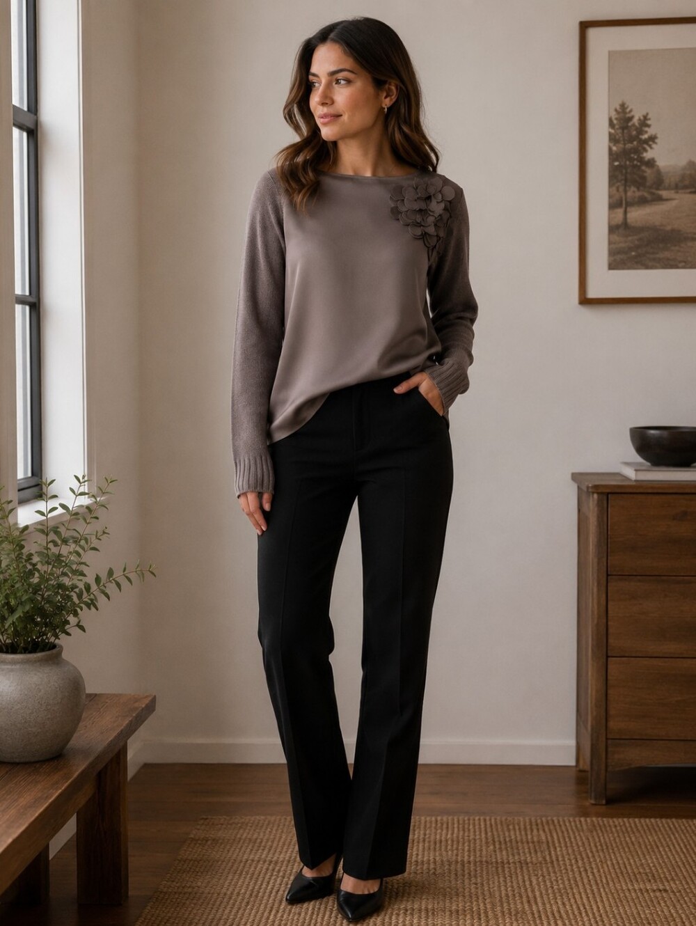 Ted Baker Top Grey Knit And Silk Top